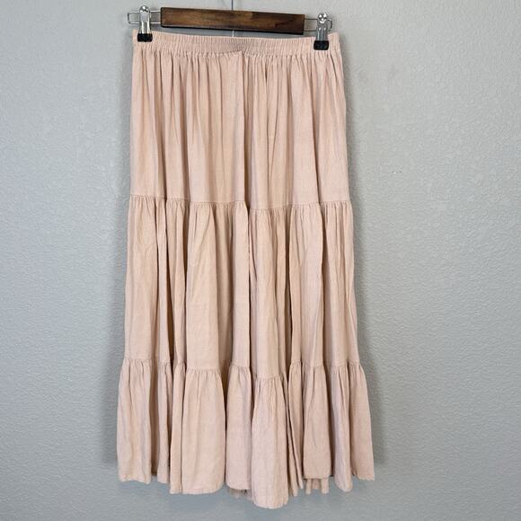 Double D Ranch Tiered Broomstick Midi Skirt Size M Blush Pink Crepe Western Boho - Picture 2 of 5